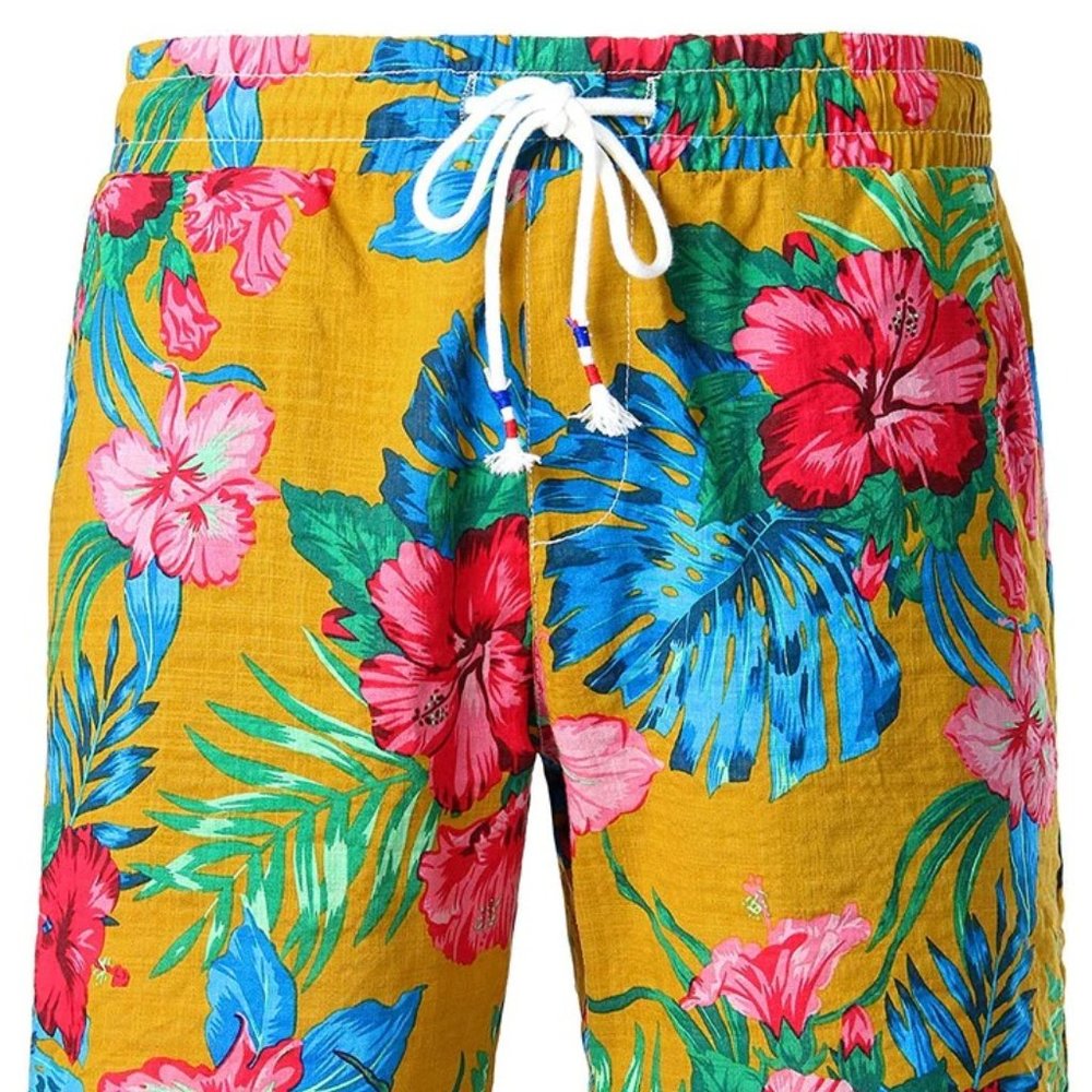 JOGAL Men's XL Floral Casual Aloha Hawaiian Shorts Drawstring Pocket Multicolor
